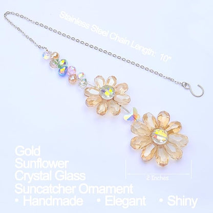 Crystal Flower Suncatcher Hanging Ornament, Rainbow Maker Window Sun Catcher Indoor Outdoor Patio Garden Decor (Gold)
