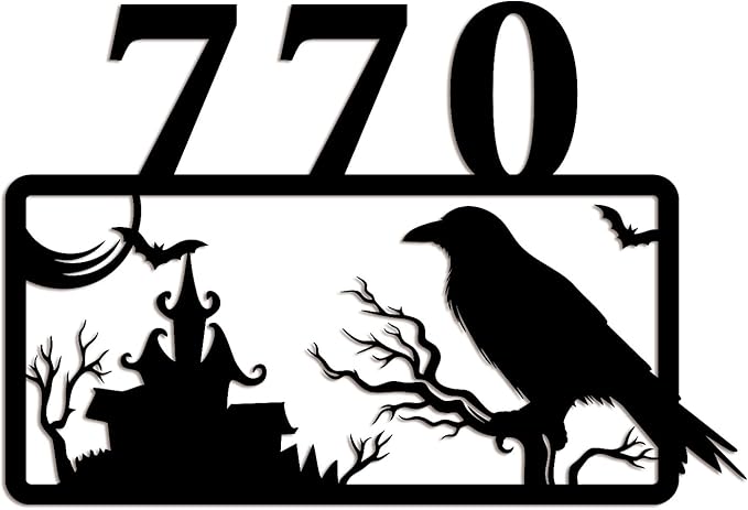 Personalized Gothic House Number metal Signs,Custom Address Number Metal Wall Art Decor,Black Plaques Outdoor wall Decorative Signage,Shed(8-30 Inches) (Crow C)