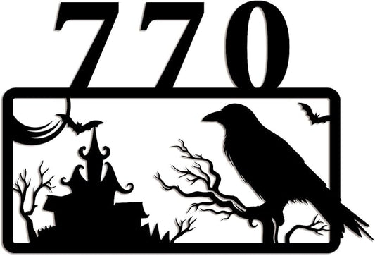 Personalized Gothic House Number metal Signs,Custom Address Number Metal Wall Art Decor,Black Plaques Outdoor wall Decorative Signage,Shed(8-30 Inches) (Crow C)