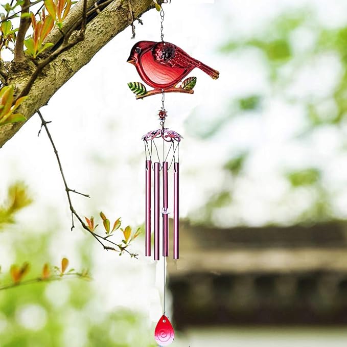 Evealyn Outdoor Red Cardinal Bird Wind Chimes, Indoor Stained Glass Metal Tubes Music Beautiful Windchimes Hanging for Room,Balcony,Window, Garden,Yard, Patio,Lawn Creative Home Decoration (Red)
