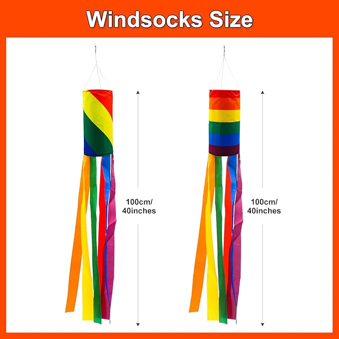 timecity 2PCS Rainbow Windsock Heavy Duty 40 Inches Garden Stripes Wind Socks Banner Flag Outdoor Hanging Decor for Wall Tree Front Patio Lawn Garden Decor