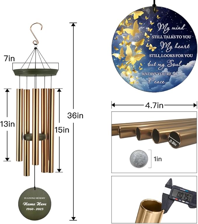 Personalized Wind Chimes, 36inch Memorial Wind Chimes, Butterfly Custom Name Sympathy Gifts, in Loving Memory of Dad/Mom, Wind Chime for Loss of Loved Ones (Produced in USA)