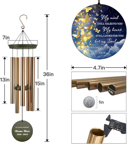 Personalized Wind Chimes, 36inch Memorial Wind Chimes, Butterfly Custom Name Sympathy Gifts, in Loving Memory of Dad/Mom, Wind Chime for Loss of Loved Ones (Produced in USA)