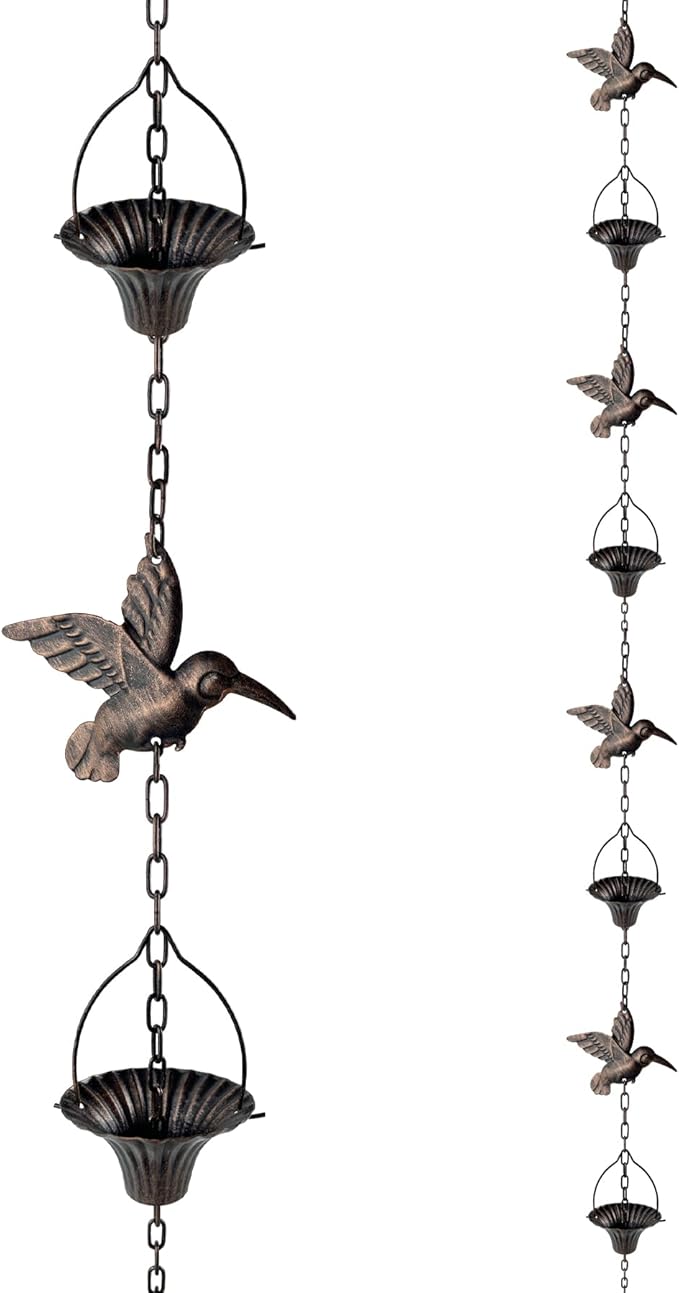 Lotus Rain Chain, 6.5FT Rain Chain Gutters, Adjustable Rain Catcher Chain with 10 Cups, Rain Chain Downspouts for Outdoor Gutter (Hummingbird)