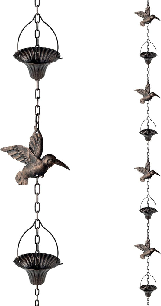 Lotus Rain Chain, 6.5FT Rain Chain Gutters, Adjustable Rain Catcher Chain with 10 Cups, Rain Chain Downspouts for Outdoor Gutter (Hummingbird)
