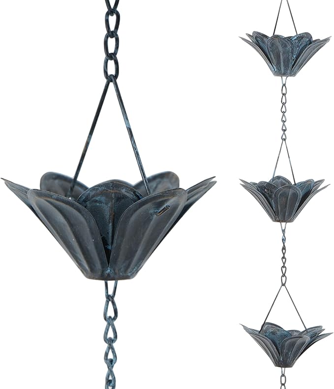 Topadorn Rain Chain Decoration 8.5 FT., Rain Catcher Chain Gutter Downspout 102'' for House Eaves, Garden & Home, Iron Flower Cups Design Rain Chains