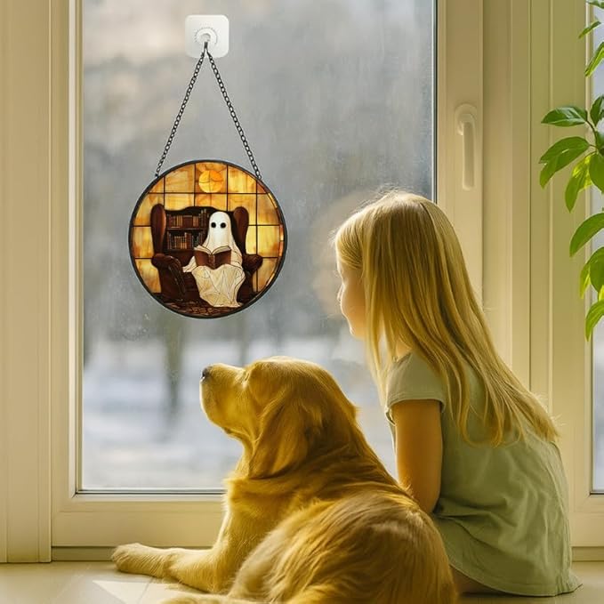 Stained Glass Window Hanging Halloween Ghost Reading Book 9.8in Sun Catchers Panel for Indoor Decorative Display for Mom Wife Lovers Festive