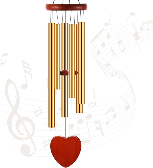 Leinuosen Wind Chimes for Outside Wind Chimes Outdoors Deep Tones 28" with 6 Aluminum Tubes Memorial Sympathy Windchime for Valentine Tree Decor Garden Courtyard Mom Loved One Gifts(Heart,Gold)