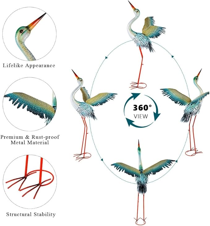 40" Metal Crane Garden Statue with Solar Light, Large Outdoor Heron Sculpture,Rust-Proof Garden Sculptures & Statues,Yard Art for Patio & Backyard