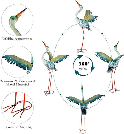 40" Metal Crane Garden Statue with Solar Light, Large Outdoor Heron Sculpture,Rust-Proof Garden Sculptures & Statues,Yard Art for Patio & Backyard