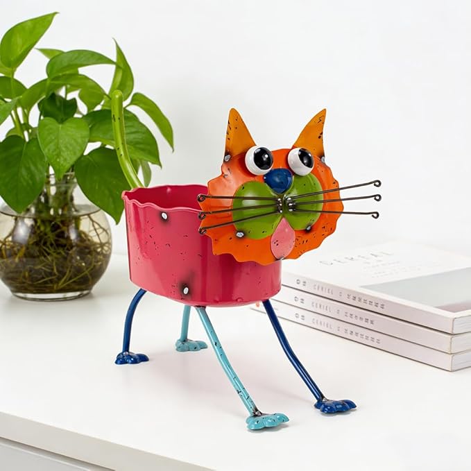 Oak & Lore Whimsical Metal Cat Garden Statues, Colorful Cartoon Cat Garden Sculptures & Statues with Planters for Patio Lawn & Yard Art Decor