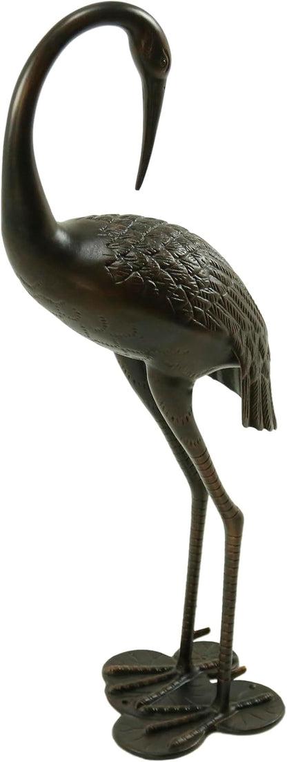 Metal Crane Garden Statue, Cast Aluminum Outdoor Crane Sculpture, Rust-Proof Metal Yard Art Bird Statue for Garden Lawn Patio, Shiny Copper Finish, Antique Bronze