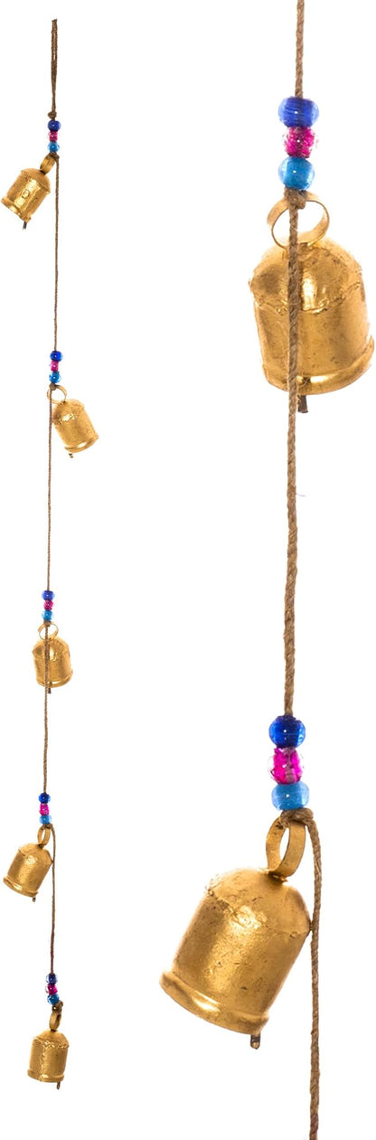 Rustic Vintage Bell for Home Wall Décor Decoration Garden - 5 Handmade Bells in a String with Beads Wind Chime Bell Chime Cow Cat Cattle Bells Gifting (Golden Big Bell)
