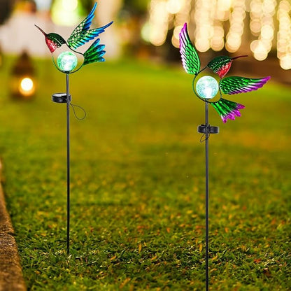 Hummingbird Solar Garden Lights with Stake 2 Pack,Bird Pathway Solar Outdoor Crackle Glass Globe Light for Garden,Walkway,Pathway,Yard,Lawn