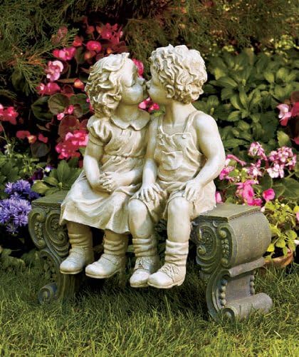 Cute Garden Smooching Children Boy Girl Sitting on Bench Statue Whimsical Flowerbed Yard Outdoor Sculpture Decor