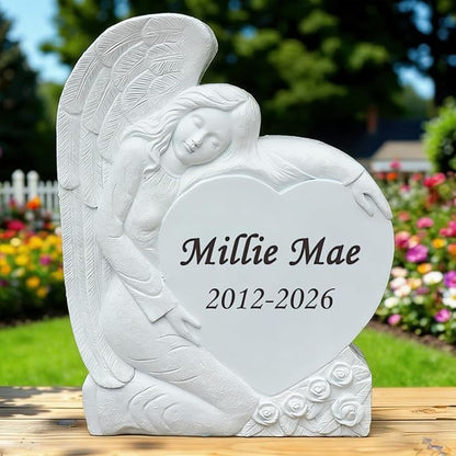Personalized Memorial Garden Stones Angel Stones Engraved with Any Word - Outdoor Grave Markers Cemetery Stones Memorial Plaques with Angel Statue for Sympathy Gifts