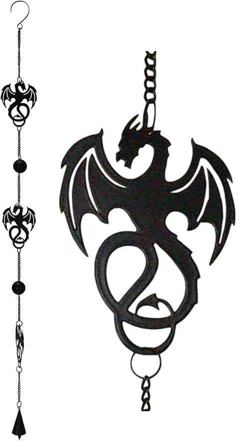 Ebros Black Coated Steel Metal Wyverex Alchemy Folklore Dragon Wall Hanging Wind Chime with Beads 38" L Home and Patio Decor Medieval Fantasy Dungeons and Dragons Mobile Noisemaker