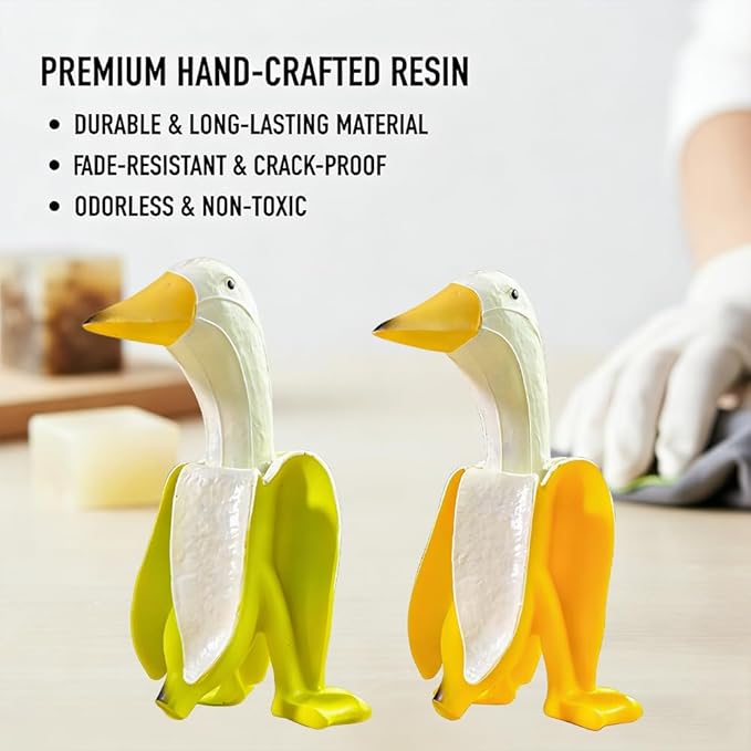 Resin Duck Figurines, Yellow and Green, 3 Inch Decorative Garden Statues, 2-Pack Whimsical Banana Duck Ornaments for Desk, Patio, Office