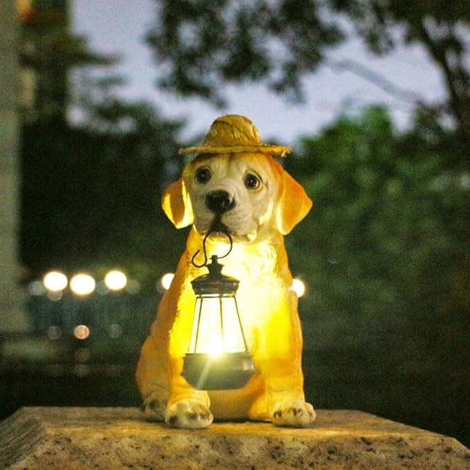 Garden Statue Dog Figurine Decor for Patio, Balcony Yard Decor Ornament, Outdoor Lights Housewarming Gifts for Women Men Mom Grandma