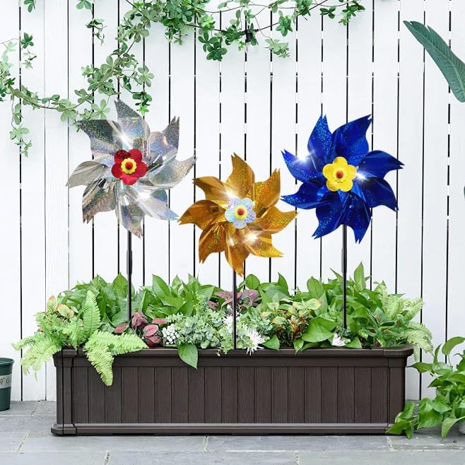 Sparkly Reflective Pinwheels with Stakes, Wind Spinners Outdoor Bird Scare Devices, Foil Pin Wheel Holographic Whirl Windmill for Yard Garden Decor Garden Wind Spinner 6 Packs - Blue
