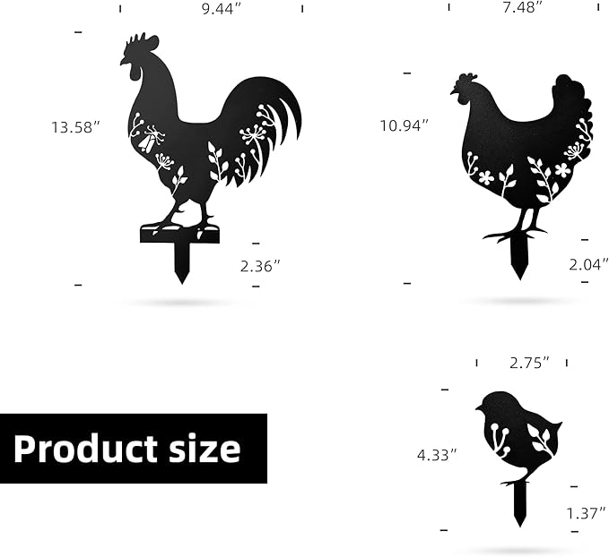 3 PCS Metal Chicken Yard Art Garden Decorative Stake Hollow Out Animals Silhouette Statue Decor, Chickens Family Silhouette Sets for Pathway, Floor, Garden, Lawn, Outdoor Decoration