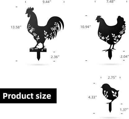 3 PCS Metal Chicken Yard Art Garden Decorative Stake Hollow Out Animals Silhouette Statue Decor, Chickens Family Silhouette Sets for Pathway, Floor, Garden, Lawn, Outdoor Decoration