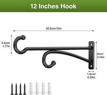 12" Plant Hanger Hook Outdoor Indoor – Planter Hooks for Hanging Plants, Plant Wall Hooks, Brackets for Hanging Plants, Baskets, Wind Chimes, Bird Feeders, Lanterns, Bird Houses (Black, Metal, 2-Pack)