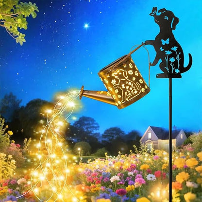 Outdoor Dog Statue Solar Watering Can with Lights, Complete with Netal Dog Silhouette Garden Stake. Ldeal for Garden, Lawn and Courtyard Decoration, A Unique Gift for Mothers and Women.