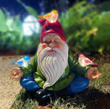 Solar Powered Gnome with Red Hat and 3 Birds, Resin Garden Ornament with LED Light, Lawn Figurine Outdoor Decoration Statue (Gnome with 3 Birds)