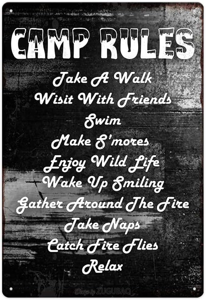 Vintage Metal Funny Camping Tin Sign-Camp Rules Take A Walk Visit With Friends Swim Outdoor Porch Patio Home Kitchen Garden Bar Poster Retro Decor Art 8X12 Inch Wall Decor