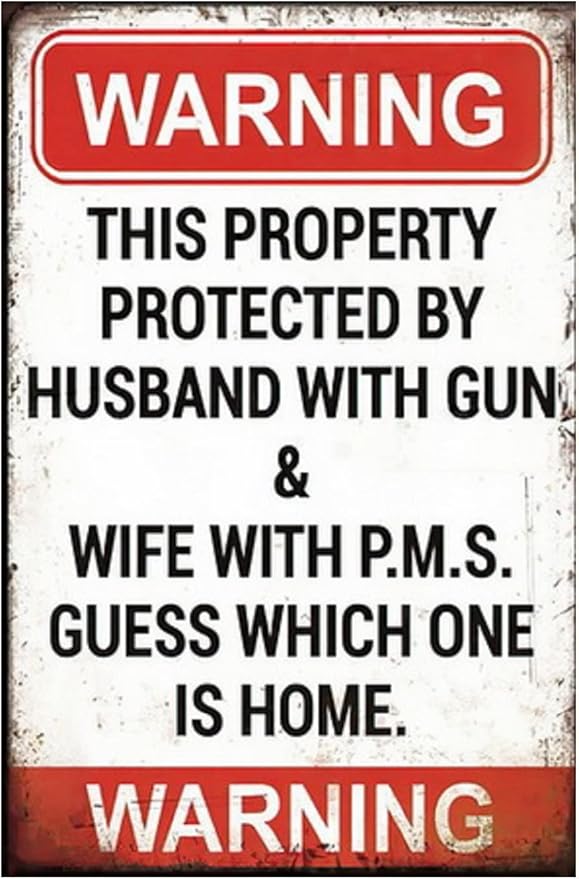 Funny No Trespassing Sign, Metal Warning Tin Signs, this Property Protected by Husband with Gun, Yard Sign Garage Farm Garden Wall Decor Sign Plaque Outdoor for Home Fence 8 X 12 Inches