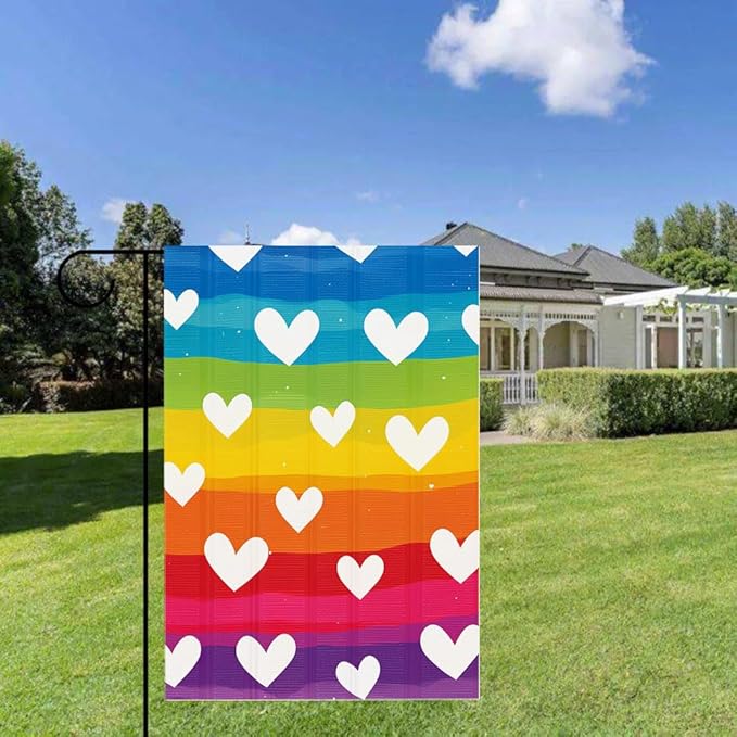 Gkyygk Garden Flag Rainbow Heart LGBT Double Sided 12x18 Inch Banners Welcome Yard House Outside Outdoor Summer Decoration