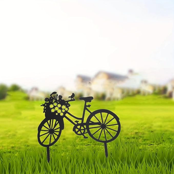 Yard Art Garden Metal Statue Decor,Lifelike Bicycle Stakes Outdoor Decorations,Black Hollow Out Iron Silhouette Sets for Farmhouse Pathway Lawn (Black)