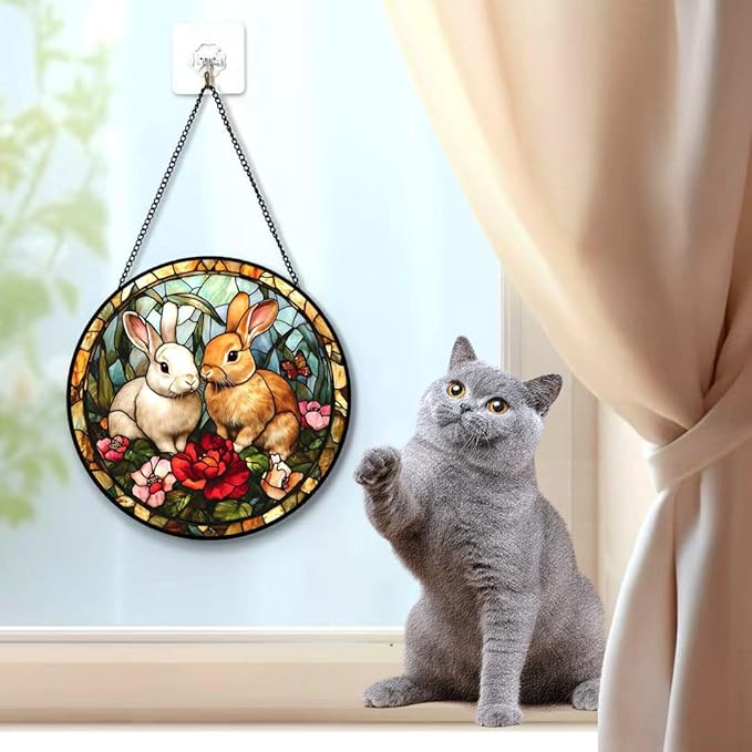 Funoasis Stained Glass Window Hanging 6.3 Inches Suncatcher - Two Rabbits On The Grass in The Forest Ornaments Sun Catcher Home Decor Women Birthday