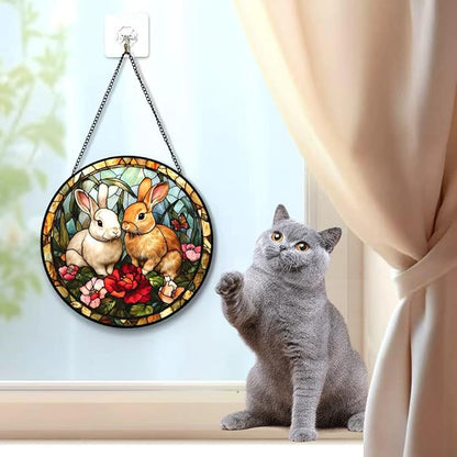 Funoasis Stained Glass Window Hanging 6.3 Inches Suncatcher - Two Rabbits On The Grass in The Forest Ornaments Sun Catcher Home Decor Women Birthday