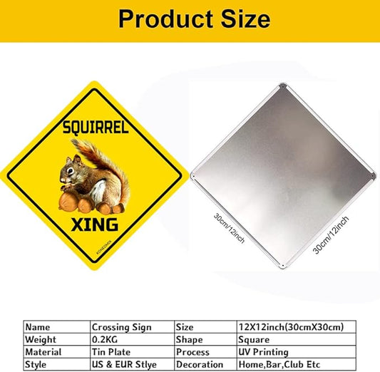 SQUIRREL Xing Crossing Sign Funny Novelty Metal Tin Sign for Bar Club Country Home Coffee Shop Indoor& Outdoor Decor Yellow Street Sign 12X12inch