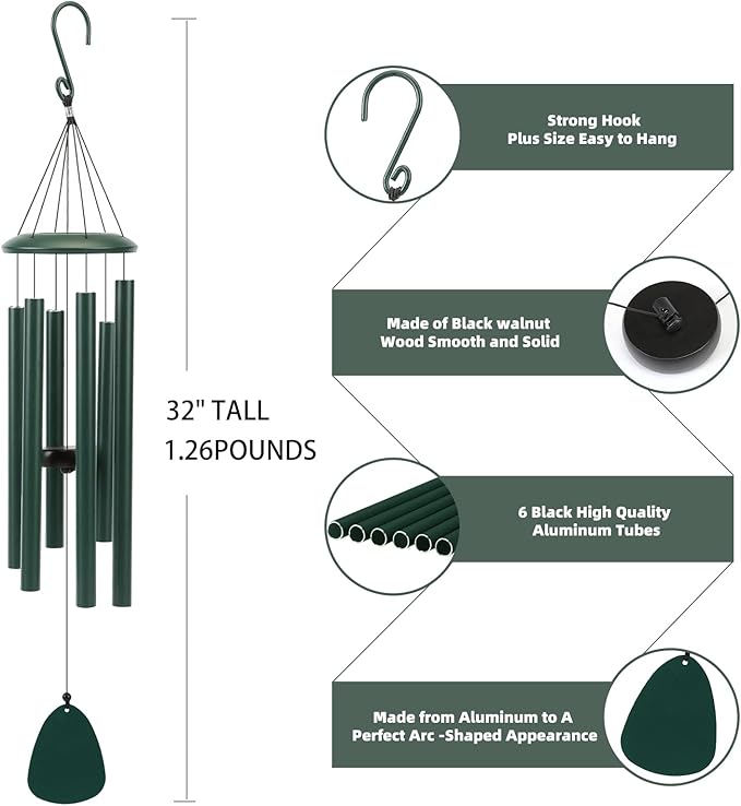 FSVGYY Wind-Chimes-Outdoor-Deep-Tone, Large Soothing Melodic Tones Windchimes, Wind Chimes for Outside, Memorial Wind Chime Best Gift for Mom Women Grandma Neighbors(32" Forest Green Coated Aluminum)