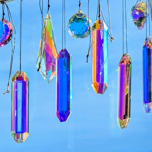6PCS Crystal Sun Catcher Prisms, AB Colored Suncatcher Crystals Outdoor Indoor Window Hanging Christmas Ornaments Rainbow Maker Prisms for Home Garden Decor
