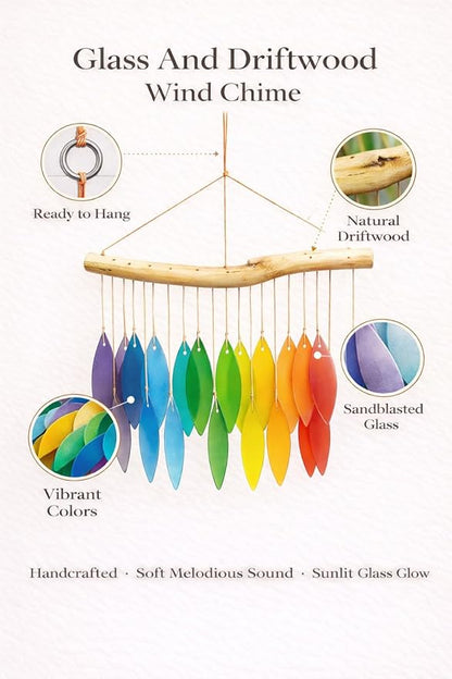 Rainbow Glass Wind Chime, Large 20″ – Multicolor Sandblasted Recycled Glass & Driftwood Coastal Hanging Chime for Porch, Patio & Home