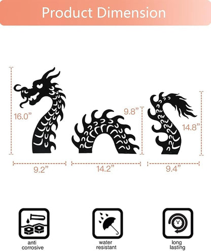 Elenon Dragon Garden Metal Stakes Set of 3, Inspirational Wall Decor Sculpture Hanging for Indoor Outdoor Yard Garden, Silhouette Statue for Patio Yard Walkway Art Decor