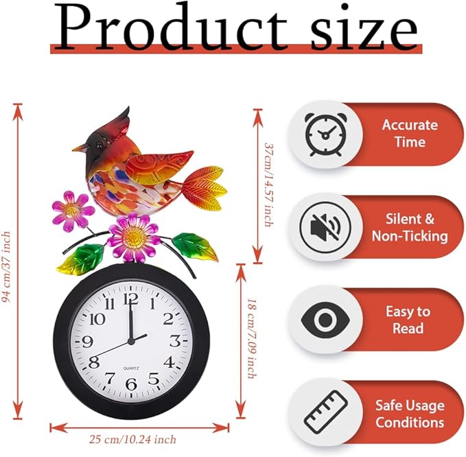 Outdoor Clock with Cardinal and Flowers, Cardinal Birds Outdoor Wall Clock Waterproof, Silent No-Ticking Outdoor Clocks for Garden, Fence, Patio, Living Room