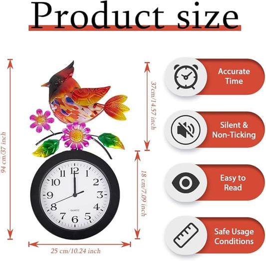 Outdoor Clock with Cardinal and Flowers, Cardinal Birds Outdoor Wall Clock Waterproof, Silent No-Ticking Outdoor Clocks for Garden, Fence, Patio, Living Room