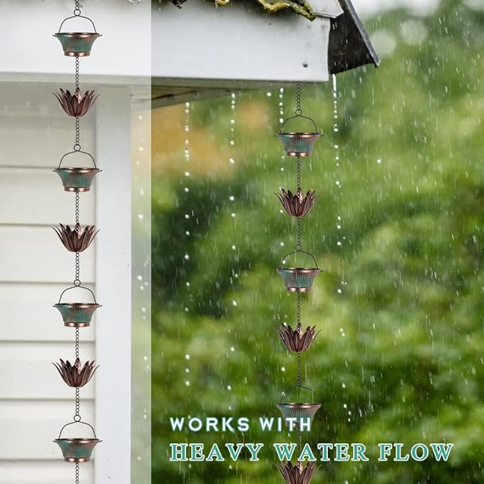 9.8FT Lotus Rain Chains for Outside, Rain Gutter Chain with 16 Cups, Adjustable Rain Catcher Chain for Eaves Drainage, Replacement for Downspout