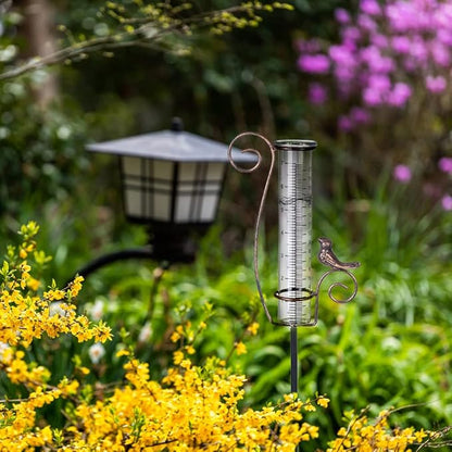 Rain Gauge Outdoor,7" Glass Rain Gauge with Metal Stake, Decorative Bird Rain Gauge for Yard Garden Lawn Decor