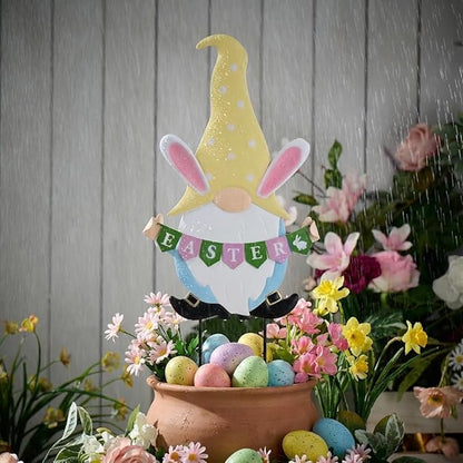 TERESA'S COLLECTIONS Easter Decorations Outdoor for Home, Metal Easter Gnomes Decor Yard Stakes, Pink & Blue Egg Rabbit Garden Stakes Gifts, Welcome Yard Signs for Outside Lawn Porch Patio, 27"