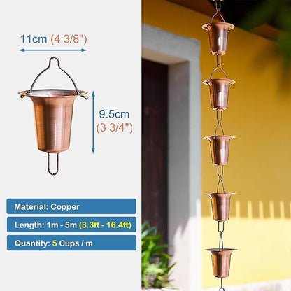 Elegant Copper Rain Chain Large Cup, Replacement Downspout for Gutters, Outside Rainwater Catcher Diverter for Villa/Deck/Pergola (Style D 2.6m (8.5ft))