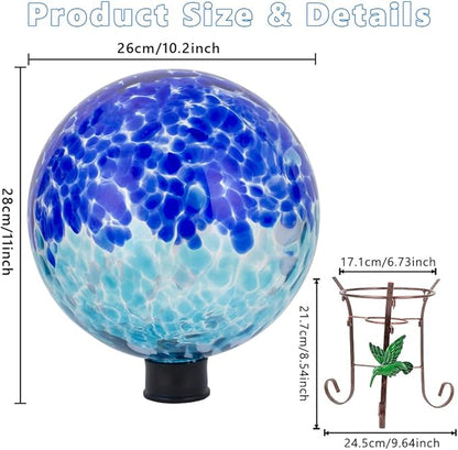 Stargarden Gazing Ball, 10 Inch Gazing Globe, Decorative Glass Balls with Metal Ball Holder, Mixed Blue Globe for Indoor, Outdoor Decor