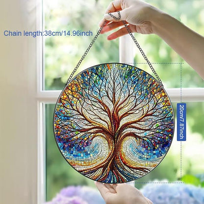 Stained Glass Window Hanging, Blue Tree of Life Suncatcher for Window Doors Garden Home Decoration, Colorful Glass Panel Ornaments for Women,Men,Wife, Lovers, and Mom 7.8×7.8 in