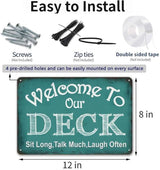 Welcome to Our Deck Sign for Outside - Deck Signs and Decor Outdoor, Vintage Metal Sign for Garden, Pool, Backyard, Patio, Outdoor Decor Wall Art Accessories, 12 x 8 inch