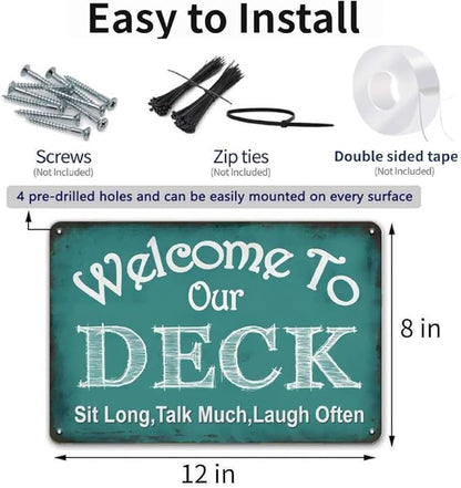Welcome to Our Deck Sign for Outside - Deck Signs and Decor Outdoor, Vintage Metal Sign for Garden, Pool, Backyard, Patio, Outdoor Decor Wall Art Accessories, 12 x 8 inch